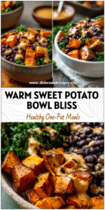 Colorful bowl of roasted sweet potato, black beans, kale, and creamy peanut sauce served as a healthy winter dinner.